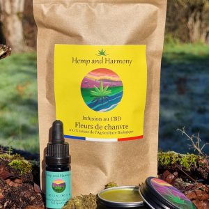 Pack Bien-être CBG – 1 infusion fleurs CBG, 1 huile CBD 2,5% + CBG 2.5%, 1 baume CBG, + infusion (25 g) offerte